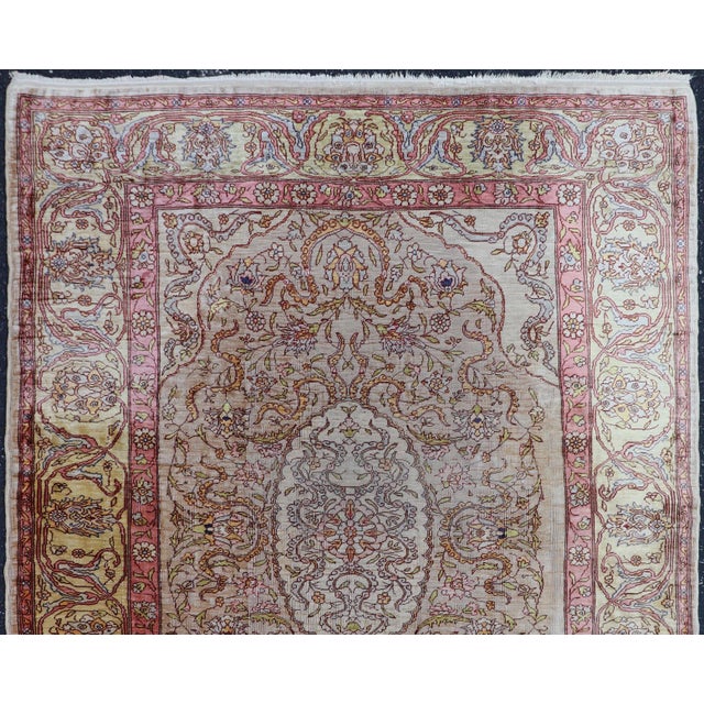 Antique Turkish Silk Hereke Rug With Floral Medallion Design and Ivory Field For Sale - Image 10 of 14