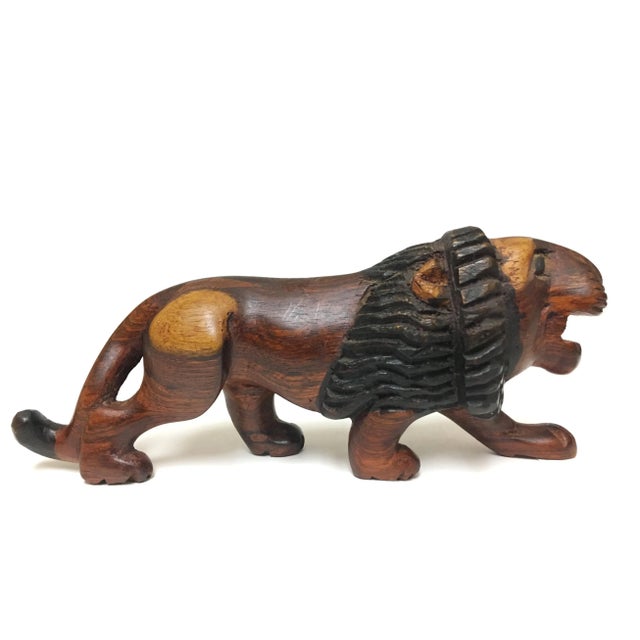 Late 20th Century Vintage Hand Carved Wood Lion Statue Wild Cat Animal Wood Sculpture For Sale - Image 5 of 5
