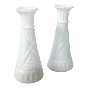 Pair - Mid-Century Modern Fenton Style White Milk Glass Bud Vase Candle Holders