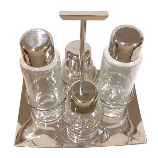 2000 - 2009 Sambonet Linea Q Cruet Set Glass Stainless Steel Salt Pepper Oil Vinegar - 5 pcs For Sale - Image 5 of 16