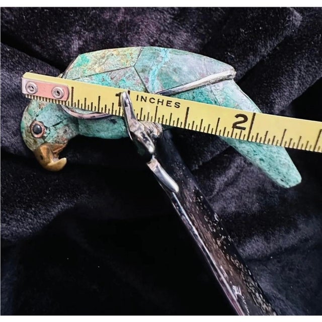 Vintage 90s Emilia Castillo Mexican Silver Plate Hammered Ladle Turquoise Parrot For Sale - Image 9 of 11