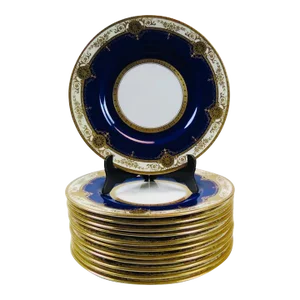 Antique Minton Cobalt Blue Raised Gilt Medallion Swag Dinner Plates, Circa 1910 - Set of 12
