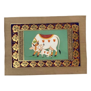 Hand Painted Miniature Sacred Cow & Calf on Sanskrit Manuscript with Gold Border, 1970s For Sale