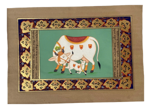 Hand Painted Miniature Sacred Cow & Calf on Sanskrit Manuscript with Gold Border, 1970s