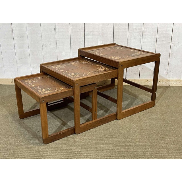 Teak Nesting Tables with Tiled Tops, 1970s, Set of 3 For Sale - Image 9 of 11