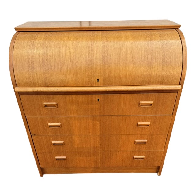 Mid Century Modern Teak Roll Top Cylinder Desk For Sale
