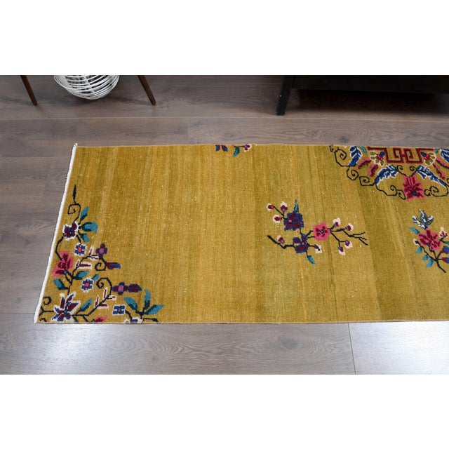 1970s Vintage Turkish Handmade Wool Cotton Yellow Runner Rug For Sale - Image 11 of 11
