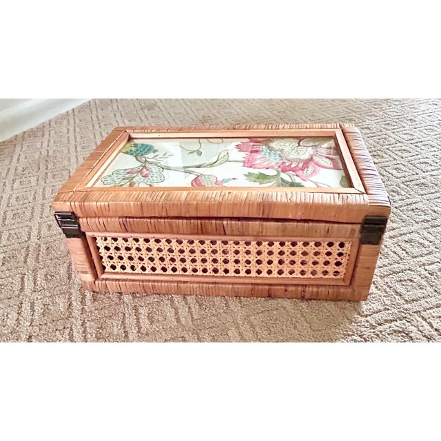 Intage Rattan Cane Glass Top Storage Box With Designer Fabric Insert For Sale In Louisville - Image 6 of 13