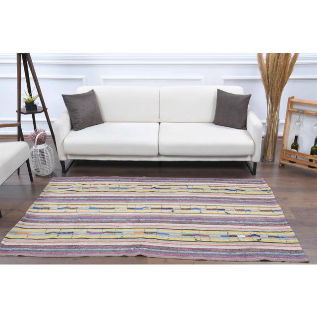 Boho Chic Vintage Turkish Oushak Handmade Wool Cotton Beige Kilim Area Rug For Sale - Image 3 of 11