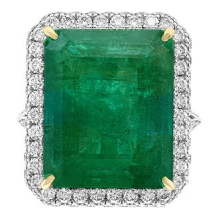 Agl Certified 13.10 Ct Emerald Cut Colombian Emerald Diamond 18k Gold Ring For Sale