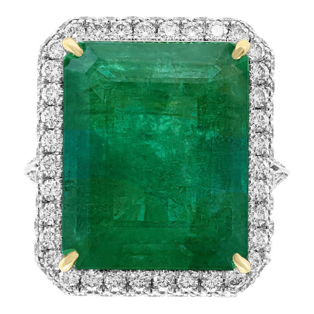 Agl Certified 13.10 Ct Emerald Cut Colombian Emerald Diamond 18k Gold Ring For Sale