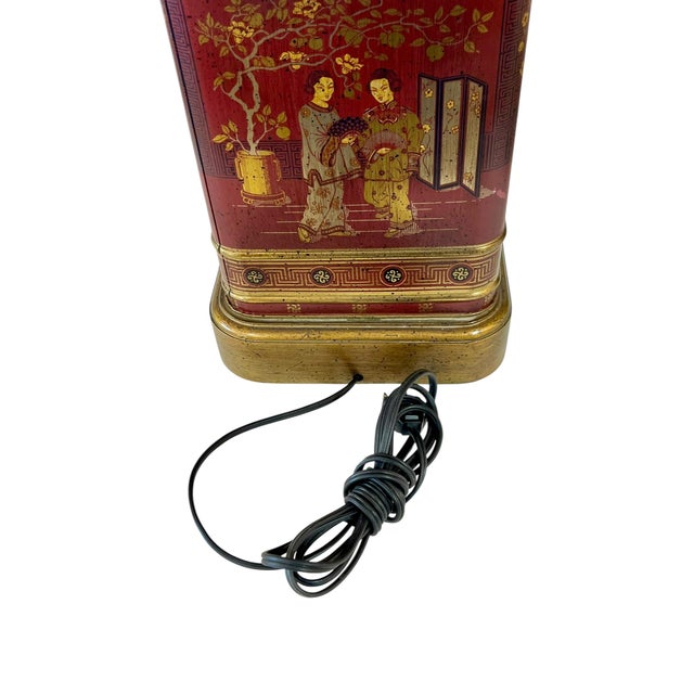 Red Vintage Frederick Cooper Style Red Chinoiserie Tin Tea Caddy Lamp For Sale - Image 8 of 14