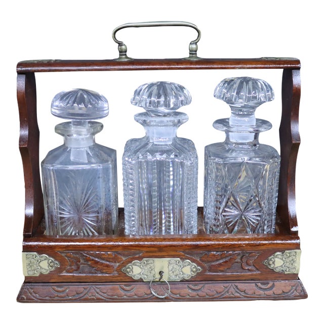 Antique English Oak & Brass Tantalus Decanter Set For Sale