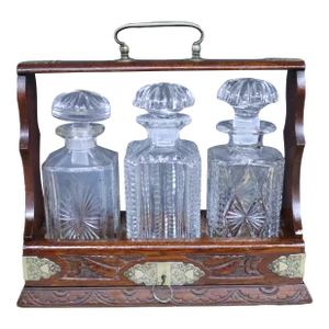 Antique English Oak & Brass Tantalus Decanter Set