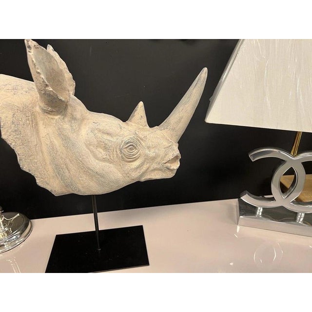 Ivory Large Realistic Rhinoceros Head Bust Sculpture on Metal Stand For Sale - Image 8 of 12