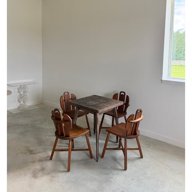 Brown (4) Brutalist Oak Chairs Chalet-Style (After Puydt) + Steel Tolix Game Table, Set of 5 Pieces For Sale - Image 8 of 12