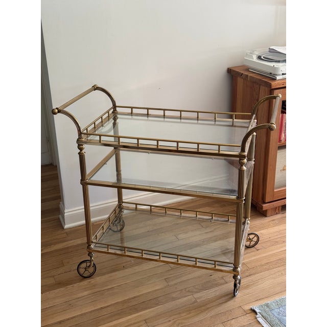Traditional Late 20th Century Three Tier Brass Bar Cart on Casters, Regency Style For Sale - Image 3 of 8