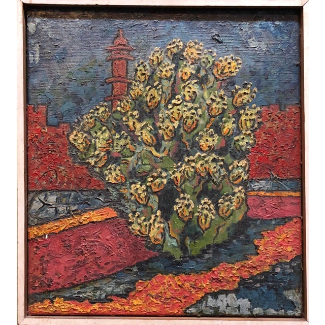 Early modernist Israeli Judaica painting, by British mid-century artist. Israel Old City of Jerusalem scene.