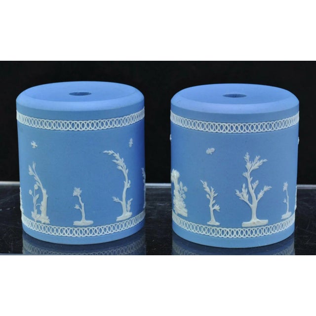 Antique 18th Century Light Blue Jasperware Column Pedestal Form Display Bases With White Sprigging - Set of 2 For Sale In New York - Image 6 of 11