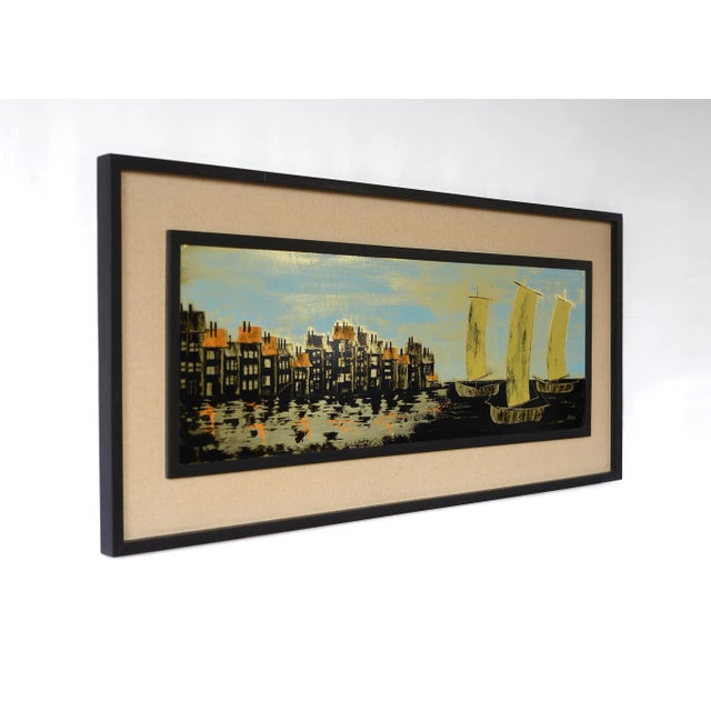 Mid-Century Modern Mid Century Cityscape and Seascape Painting on Metal, Signed and Framed For Sale - Image 3 of 13