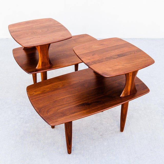 Restored Mid Century Modern Solid Walnut Sculptural Step Tables For Sale - Image 10 of 12