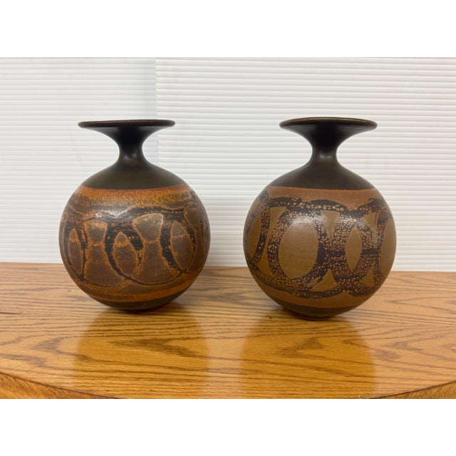 Copper Designs West Stoneware Pottery Spherical Vases, Set of Two For Sale - Image 8 of 12