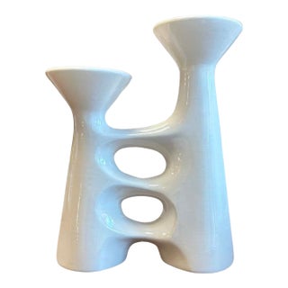 Vintage Mid-Century Modern White Ceramic Double Bud Vase For Sale