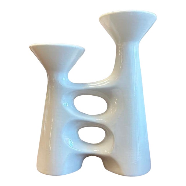 Vintage Mid-Century Modern White Ceramic Double Bud Vase For Sale