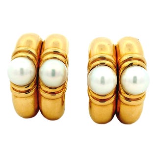 Vintage Bvlgari 18k Yellow Gold Cultured Pearl Statement Earrings, A Pair For Sale