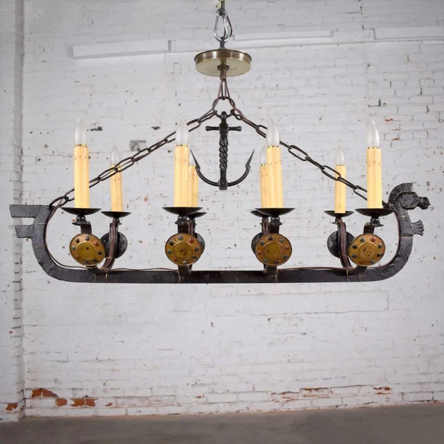 Antique Gothic or Spanish Revival Style Cast Iron Chandelier Viking Longboat Ship With Horse Head and Shields For Sale - Image 13 of 13