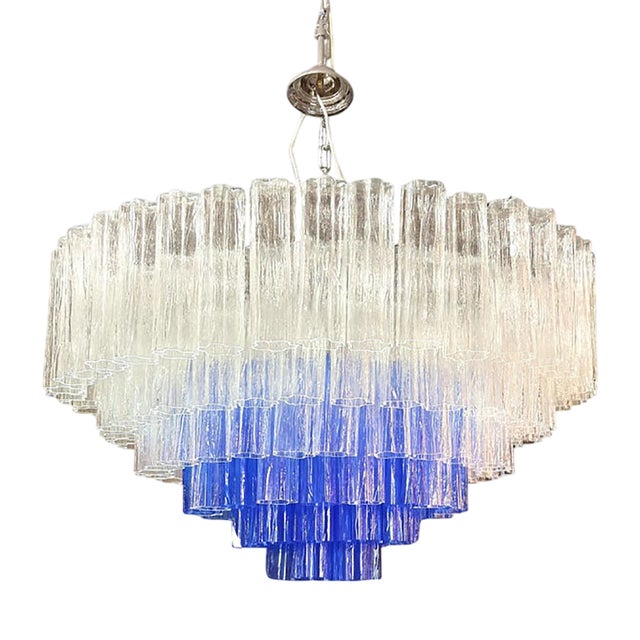 Large Transparent and Blue Tronchi Murano Glass Chandelier from Simoeng For Sale