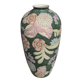 Vintage Chinoiserie Green Floral Hand Painted Asian Porcelain Vase For Sale