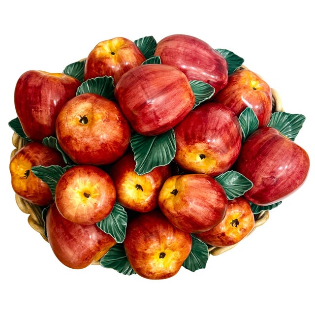 Farmhouse Late 20th Century Oversized Italian Hand-Painted Ceramic Apple Basket Topiary Sculpture For Sale - Image 3 of 7