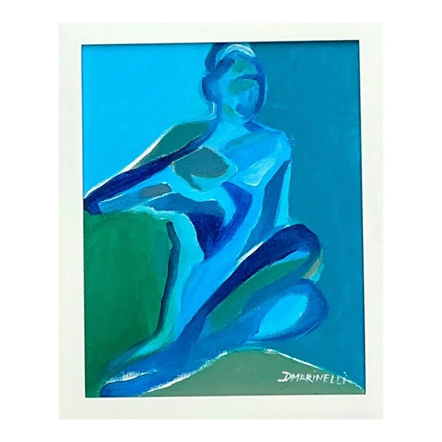 Vintage Figurative Blue Acrylic Oil in Canvas For Sale