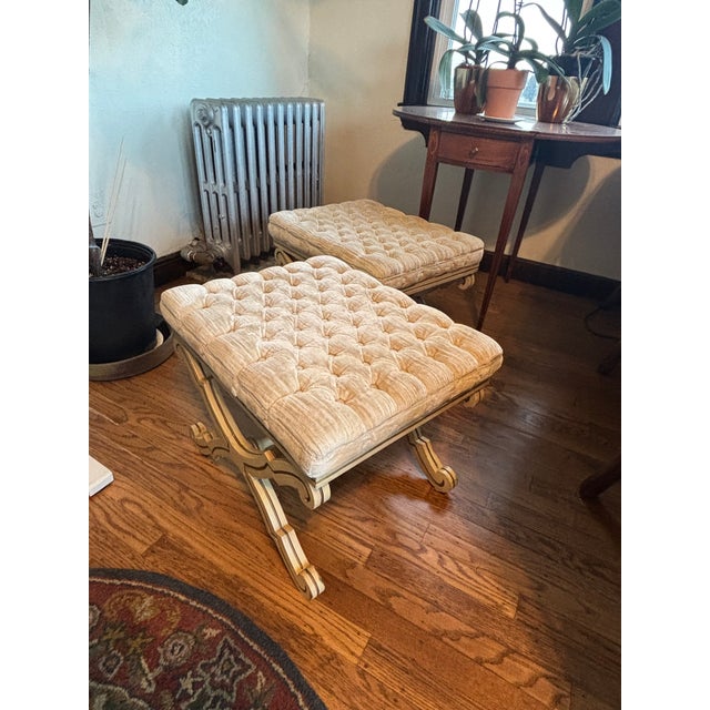 Rare pair. Karges benches/ ottomans. Button-tufted. X-frame. Please excuse the poor lighting in some of the photos. One of...