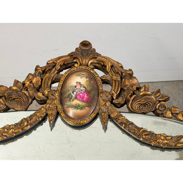 Rococo Mid-20th Century Mid-Century French Rococo Style Gilt Wall Mirror With Romantic Courting Couple Porcelain Plaque For Sale - Image 3 of 14