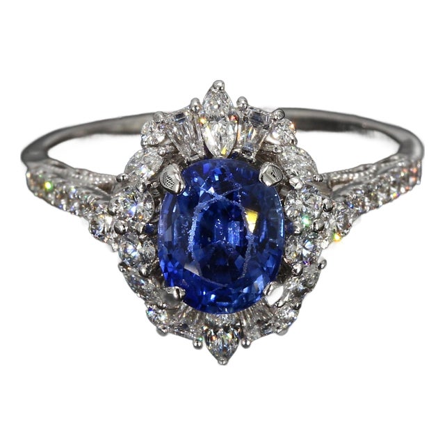 Mid 20th Century 14k White Gold Ring With 1.2ct. Blue Lab-Grown Sapphire & Diamonds - Size 8.25 For Sale