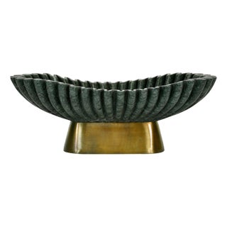 Matthew Izzo Home Drago Dark Green, Oval Fluted Marble Bowl With Brass Base For Sale