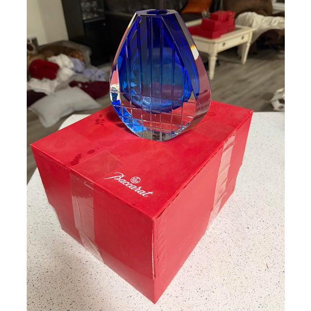 Blue Baccarat Crystal Neptune Cobalt Blue Vase 7.5in by Thomas Bastide New For Sale - Image 8 of 11