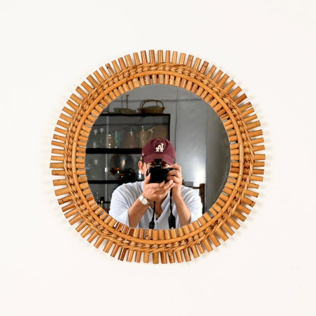 Franco Albini Round Mirror in Bamboo, Rattan and Woven Wicker by Franco Albini, Italy, 1960s For Sale - Image 4 of 10