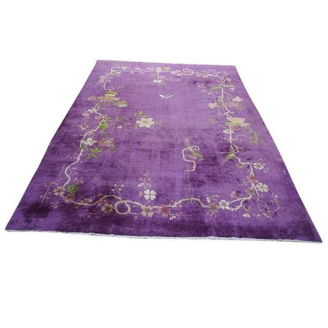 Art Deco 1920s Antique Purple Vase Bird Chinese Handknotted Art Deco Wool Room Size Rug For Sale - Image 3 of 9