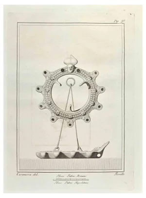 Nicola Fiorillo, Oil Lamps Sun and Boat, Etching, 18th Century