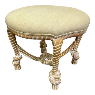 1960s Vintage Carved Wood Faux Rope French Style Footstool For Sale