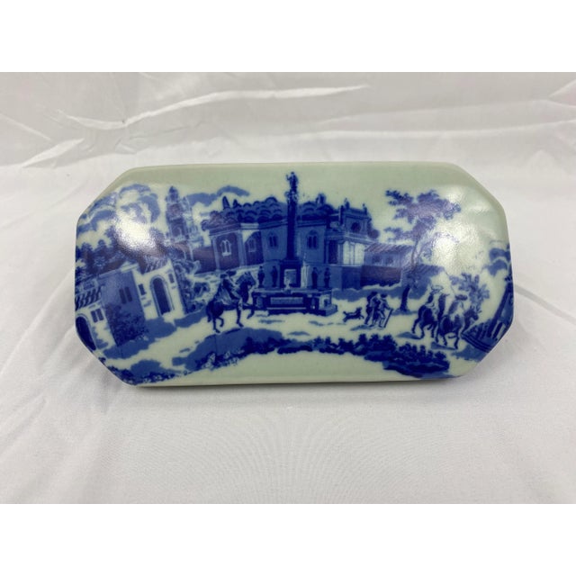 English Vintage Blue & Celadon Earthenware Pottery Covered Box For Sale - Image 3 of 7