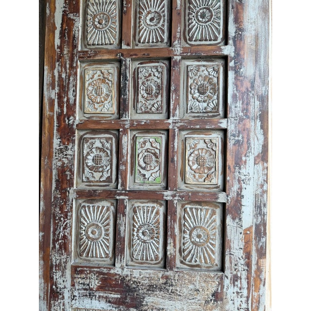 1920s Vintage Blue Carved Barn Door – Rustic Handcrafted Wooden Hinged Door With Distressed Finish For Sale - Image 5 of 9