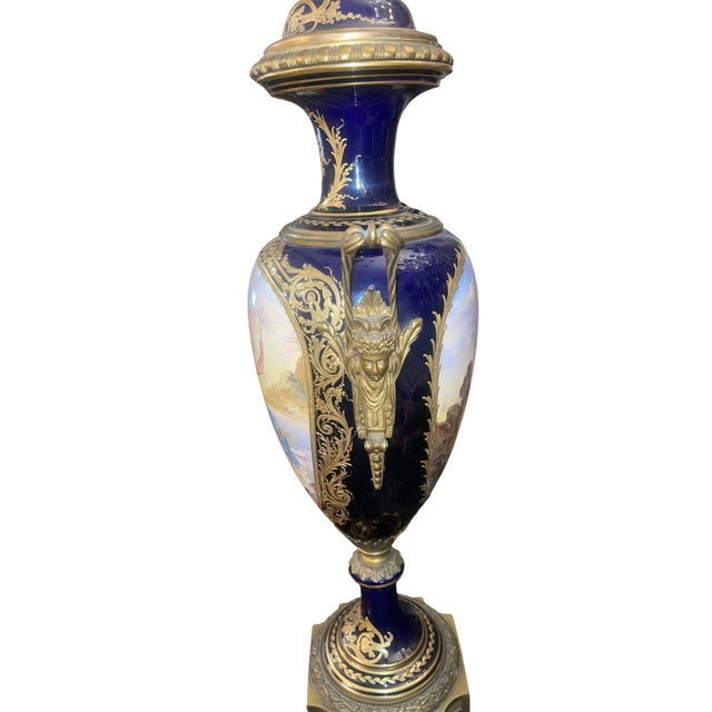 Ceramic Pair of 19th Century French Sèvres Porcelain Urns With Ormolu Mounts For Sale - Image 7 of 8