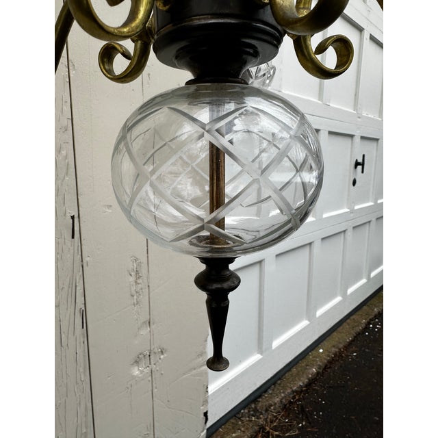 Metal Vintage Five Arm Brass and Crystal Chandelier For Sale - Image 7 of 9