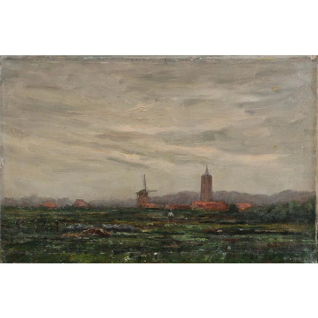 Original 19th century oil painting on canvas of a windmill and church by Jan van Rhynnen (1859-1929). Signed lower right...
