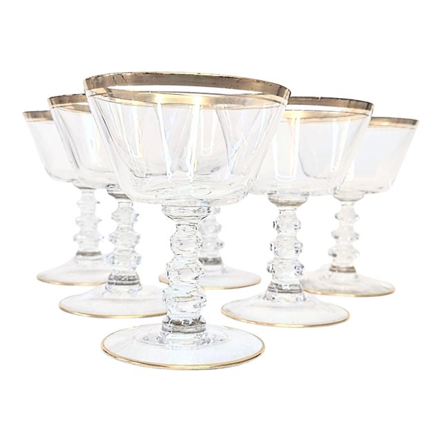 Gold Rimmed Crystal Champagne Coupes- Set of Six For Sale