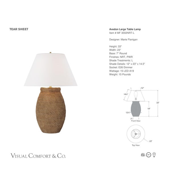 Marie Flanigan by Visual Comfort Signature Avedon Large Table Lamp in Natural Rattan with Linen Shade Designer: Marie...